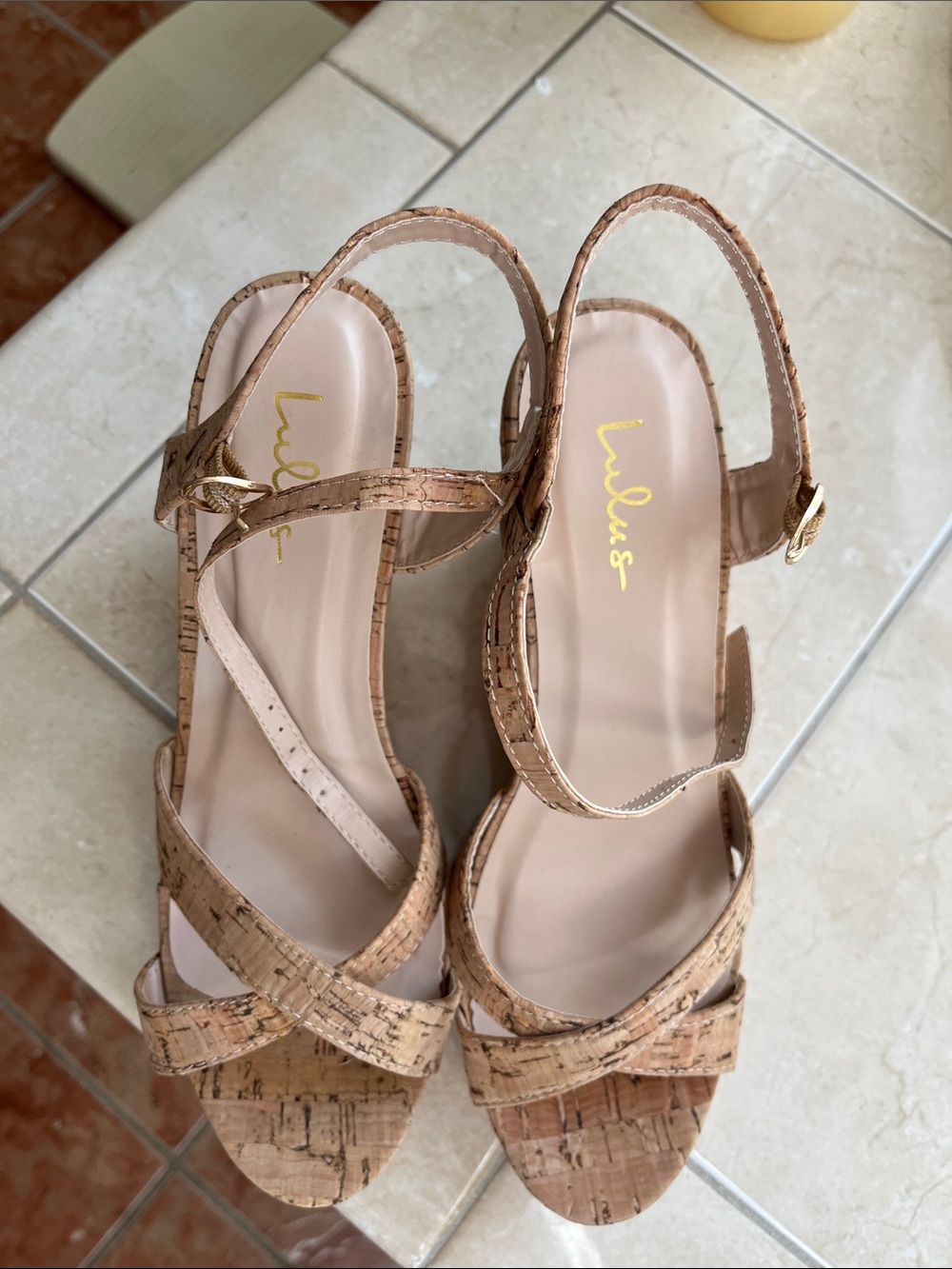 Lulu's Cork Cross-Strap Slingback Sandals in Natural Tan